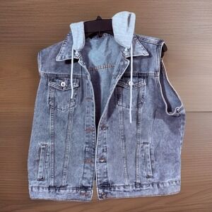 Unbranded Denim Jean Vest With Removable Gray Hoodie Button Front